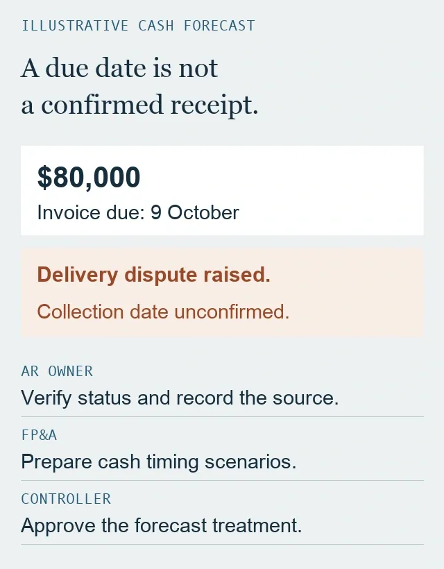 Illustrative cash forecast handoff: an $80,000 invoice is due on 9 October, but a delivery dispute leaves the collection date unconfirmed. AR must verify the status, FP&A must prepare scenarios, and the controller must approve the forecast treatment.