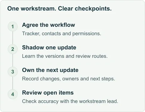 Illustrative handover plan: agree the request tracker and contacts, shadow one update, own the next update, and review unresolved items with the workstream lead.