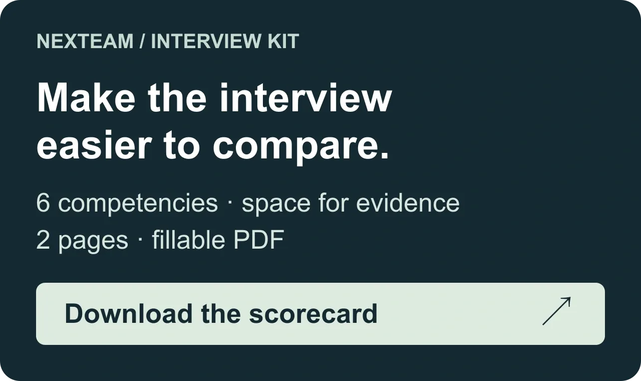 Download Nexteam's two-page fillable financial analyst interview scorecard, with six competency ratings and space for evidence.