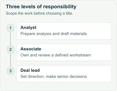 Analyst, associate and deal lead responsibilities: prepare the work, own the workstream, and make the senior decisions.